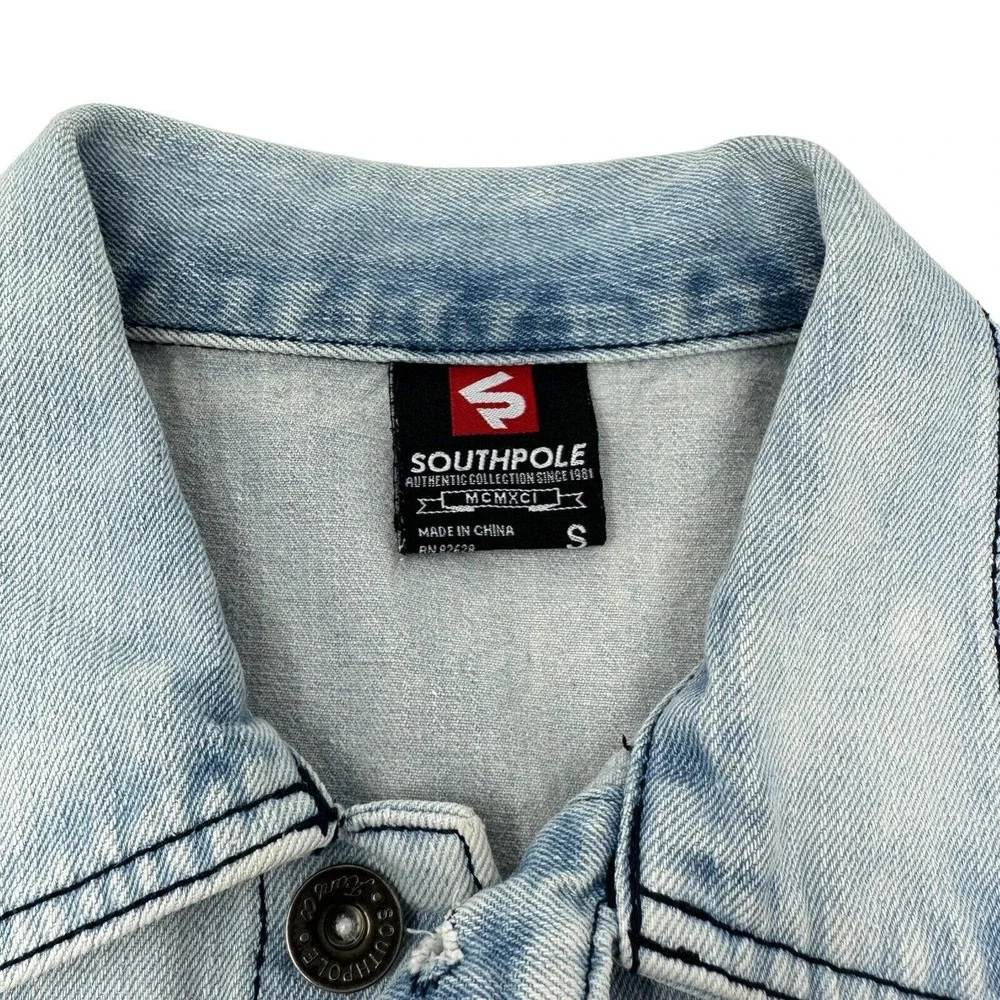 Southpole Mens Jean‎ Jacket Vest Denim American Flag Patch Distressed Blue Small